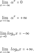 Rendered by QuickLaTeX.com \begin{align*} &\orio{x}{-\infty}{\gra^x}=0 \\\\ &\orio{x}{+\infty}{\gra^x}=+\infty\\\\ &\orio{x}{0}{log_{\gra} x }=-\infty\\\\ &\orio{x}{+\infty}{log_{\gra} x }=+\infty. \end{align*}