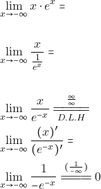 \begin{align*} &\lim_{x\to -\infty}x\cdot e^{x} = \\\\ &\lim_{x\to -\infty}\dfrac{ x}{ \frac{1}{ e^{x}}}=\\\\ &\lim_{x\to -\infty}\dfrac{ x}{ e^{-x}}  \xlongequal[D.L.H]{\frac{\infty}{\infty}}\\ & \lim_{x\to -\infty}\dfrac{( x)'}{( e^{-x})'} =\\ &\lim_{x\to -\infty}\dfrac{1}{- e^{-x}} \xlongequal[]{(\frac{1}{-\infty})} 0\\ \end{align*}
