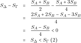 \begin{eqnarray*} S_{\Delta} - S_{\Gamma} &=& \dfrac{S_A + S_B}{2} - \dfrac{S_A + 3S_B}{4} \\ &=& \dfrac{2S_A + 2S_B - S_A - 3S_B}{4} \\ &=& \dfrac{S_A - S_B}{4} < 0 \\ &=& S_{\Delta} < S_{\Gamma}~(2) \end{eqnarray*}
