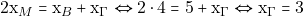 \[2\mathrm{x}_{M} = \mathrm{x}_{B} + \mathrm{x}_{\Gamma} \Leftrightarrow 2 \cdot 4 = 5 + \mathrm{x}_{\Gamma} \Leftrightarrow \mathrm{x}_{\Gamma} = 3\]