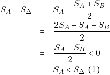 \begin{eqnarray*} S_A - S_{\Delta} &=& S_A - \dfrac{S_A + S_B}{2} \\ &=& \dfrac{2S_A - S_A - S_B}{2} \\ &=& \dfrac{S_A - S_B}{2} < 0 \\ &=& S_A < S_{\Delta} ~(1) \end{eqnarray*}