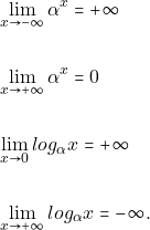 Rendered by QuickLaTeX.com \begin{align*} &\orio{x}{-\infty}{\gra^x}=+\infty \\\\ &\orio{x}{+\infty}{\gra^x}=0\\\\ &\orio{x}{0}{log_{\gra} x }=+\infty\\\\ &\orio{x}{+\infty}{log_{\gra} x }=-\infty. \end{align*}