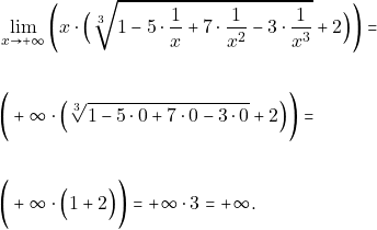 \begin{align*} &\lim_{x\to +\infty}\bigg(x\cdot\Big(\sqrt[3]{1-5\cdot\dfrac{1}{x}+7\cdot\dfrac{1}{x^{2}}-3\cdot\dfrac{1}{x^{3}}}+2\Big)\bigg)=\\\\ &\bigg(+\infty\cdot\Big(\sqrt[3]{1-5\cdot 0+7\cdot 0-3\cdot 0}+2\Big)\bigg)=\\\\ &\bigg(+\infty\cdot\Big(1+2\Big)\bigg)=+\infty \cdot 3 =+\infty. \end{align*}