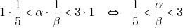 \begin{eqnarray*} 1 \cdot \dfrac{1}{5} < \alpha \cdot \dfrac{1}{\beta} < 3 \cdot 1 &\Leftrightarrow& \dfrac{1}{5} < \dfrac{\alpha}{\beta} < 3 \end{eqnarray*}