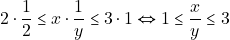 \[2 \cdot \dfrac{1}{2} \leq x \cdot \dfrac{1}{y} \leq 3 \cdot 1 \Leftrightarrow 1 \leq \dfrac{x}{y} \leq 3\]
