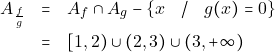 \begin{eqnarray*} 		A_{\frac{f}{g}}	&=& A_{f}\cap A_{g}-\{x \quad / \quad g(x)=0\}\\ 						&=&[1,2)\cup(2,3)\cup(3, +\infty) 	\end{eqnarray*}