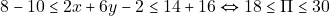 \[8 - 10 \leq 2x + 6y - 2 \leq 14 + 16 \Leftrightarrow 18 \leq \Pi \leq 30\]