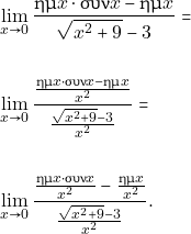 \begin{align*} &\lim_{x\to 0}\dfrac{\hm x\cdot\syn x-\hm x}{\sqrt{x^2+9}-3}= \\\\ &\lim_{x\to 0}\dfrac{\frac{\hm x\cdot\syn x-\hm x}{x^2}}{\frac{\sqrt{x^2+9}-3}{x^2}}=\\\\ & \lim_{x\to 0}\dfrac{\frac{\hm x\cdot\syn x}{x^2}-\frac{\hm x}{x^2}}{\frac{\sqrt{x^2+9}-3}{x^2}}. \end{align*}